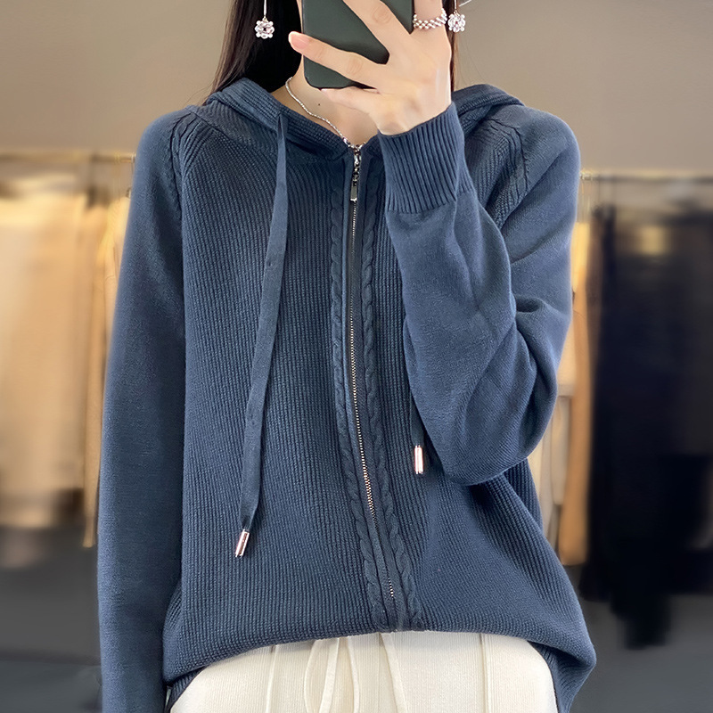 秋冬季连帽开衫女冬百搭针织打底宽松毛衣休闲针织衫纯色外套批发|undefined