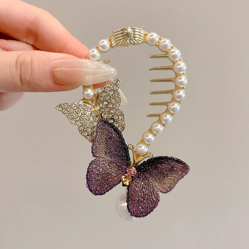 Nuevo estilo chino mariposa botón de cabello para mujeres de alta calidad flores de perla clips de cola de caballo lujoso clips de agarre de cabeza posterior falda de caballo adornamiento para el cabello