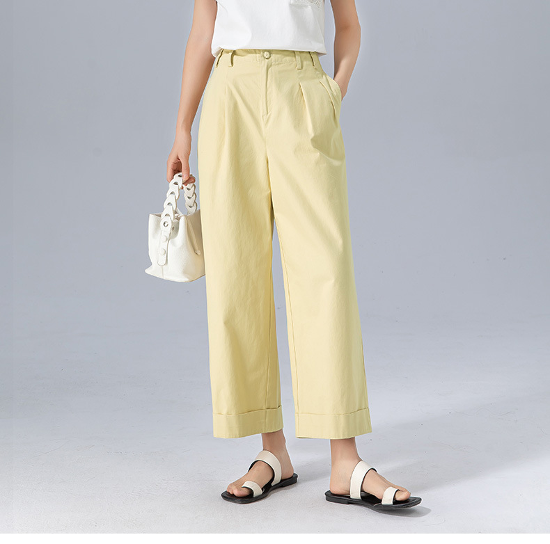 Quần culottes nữ ống rộng cạp cao chất liệu cotton wash — màu vàng chi tiết 5