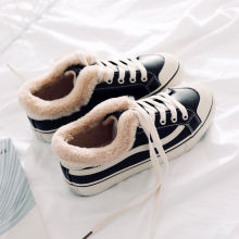 加绒帆布鞋冬季学生新品百搭休闲板鞋女加厚保暖棉鞋皮面小白鞋女