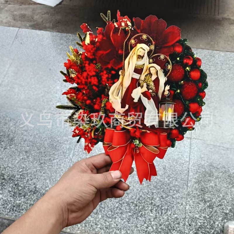 跨境花环圣诞节门饰门楣挂饰圣诞场景装饰浆果花环松果红豆发财果|undefined