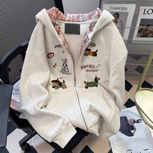 奥特莱斯～专柜剪标撤回外贸重磅格子拉链卫衣男女款加绒连帽外套