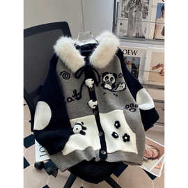 D6C卡通熊猫刺绣毛领连帽开衫毛衣女2025秋冬新款宽松慵懒风针织