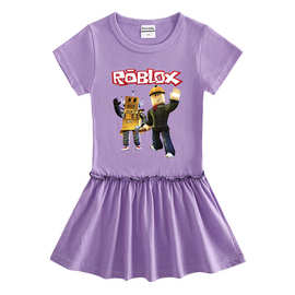Roblox夏装新款女童连衣裙棉质短袖宝宝木耳边百褶洋气公主裙子