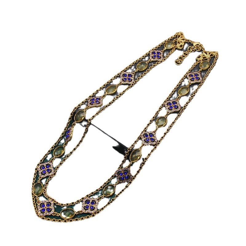 Collana lunga con catena in cristallo ceco in stile medievale, stile retrò, reincarnazione, nuovo stile cinese, quadrifoglio blu a quattro foglie_voghion.com