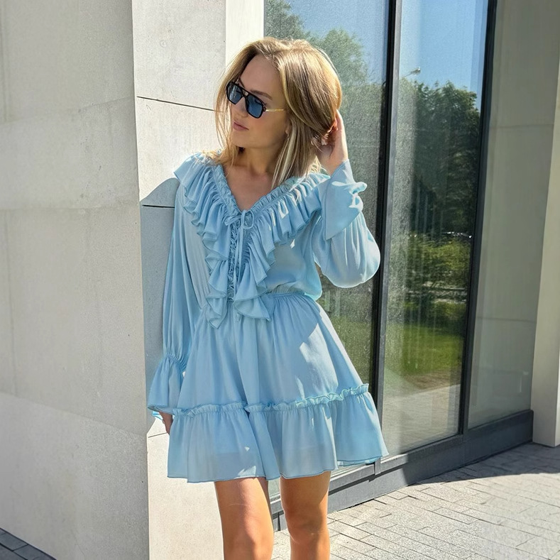 Cross-Border V-Neck Women 2025 Spring Summer New Flared Sleeve European And American Style Short Chiffon Dress_ecoleips.com