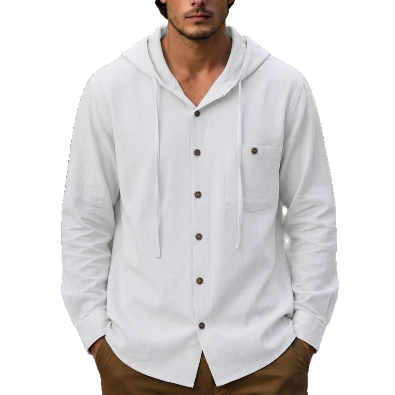 Monochrome Man- Monochrome Man- Cross-Border Amazo Cotto-Lie Pocket-Decorated Log-Sleeve Shirt, Sprig Ad Autum Me's Beach Casual Hooded_voghion.com