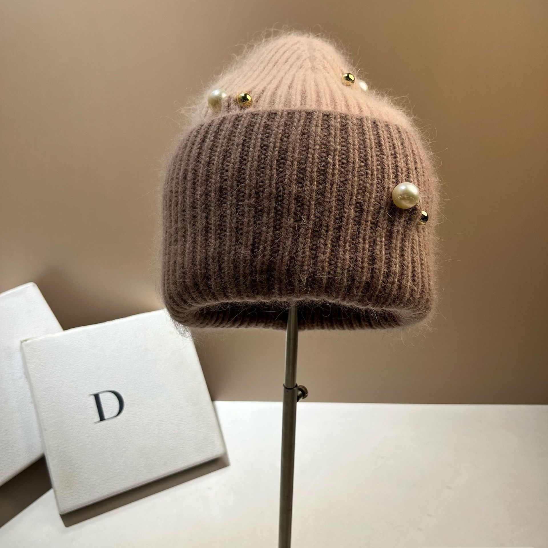 Winter Kleine Duftende Perle Farbe blockiert Warm Kalt Nordisch Dick Doppelschicht Angora Kaninchen Haar Strickmütze_voghion.com