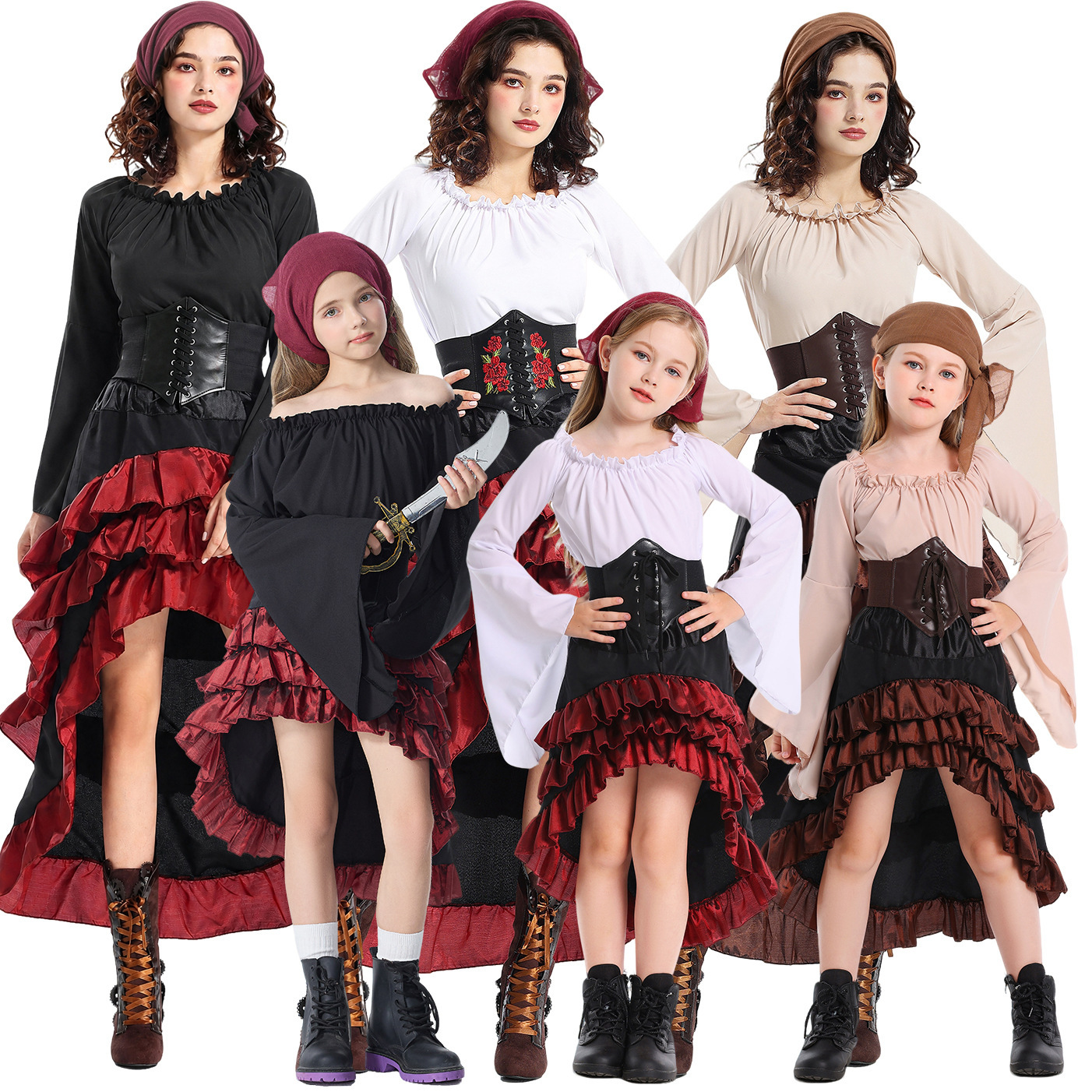 Foreign trade style medieval retro pirate-themed parent-child outfit, featuring a fitted, ruffled long dress, perfect for Halloween cosplay or performances