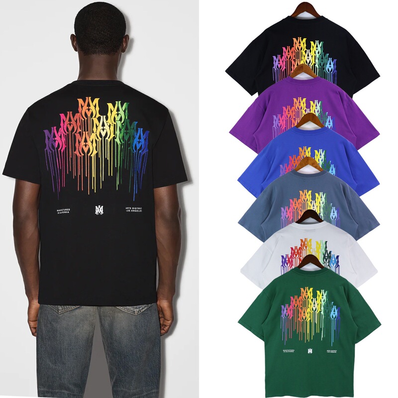 Foreign Trade Wholesale New European and American Style Amiri Drip Print Round Neck Short-Sleeve Unisex Loose-Fitting T-Shirt Cross-Border Ins