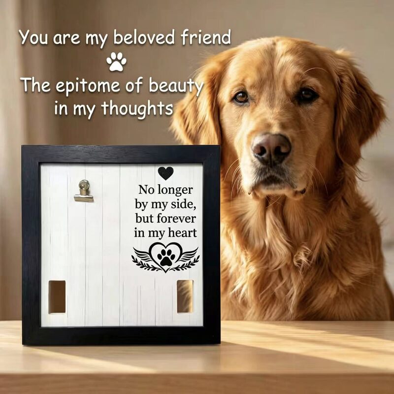 Simple Pet Memorial Photo Frame That Can Hold a Collar, Stand-Up Display for Pet Photos, Wooden Ornament with Clip Frame