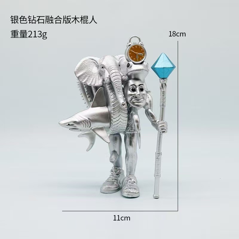 Versión dorada de la combinación de hombre de palo de madera extraño de costura, neumáticos de elefante ensamblados, todo divertido modelo de muñeca de decoración de escritorio