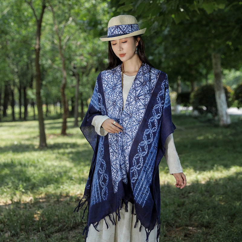Nueva Yunnan retro tie-teñido borla bufanda estilo étnico viajes protección solar exterior chal artístico todo-fósforo cardigan para las mujeres