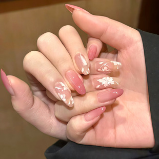 S126-early spring new white five-petal flower wearing nail piece gradient gentle nail stickers full size fake nails