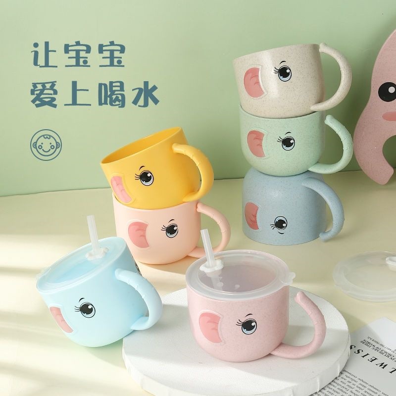 Wheat straw children's water cup, baby and toddler cartoon design, insulated and drop-resistant, with a lid and straw