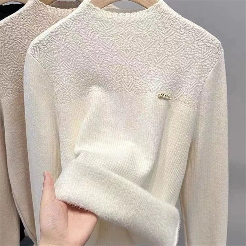 Damenpullover aus dickem Samt mit hohem Kragen – weiches, warmes Winteroberteil (Schwarz/Off-White/Beige-Apricot)_voghion.com