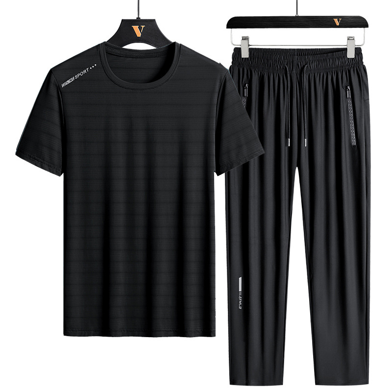 Traje de seda helada L-8X para hombre, conjunto deportivo de verano de manga corta, talla grande, holgado, de secado rápido, conjunto casual de dos piezas para hombre