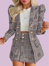 D 51128 Fashion Checkered Floral Skirt Suit ���|�������b