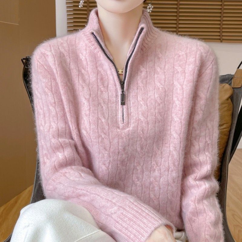 Autumn and Winter Half-High Collar Zipper Knitwear New Stand-Up Collar Knitwear Twist Loose Bottoming Thickeneded Top Bottoming Shirt