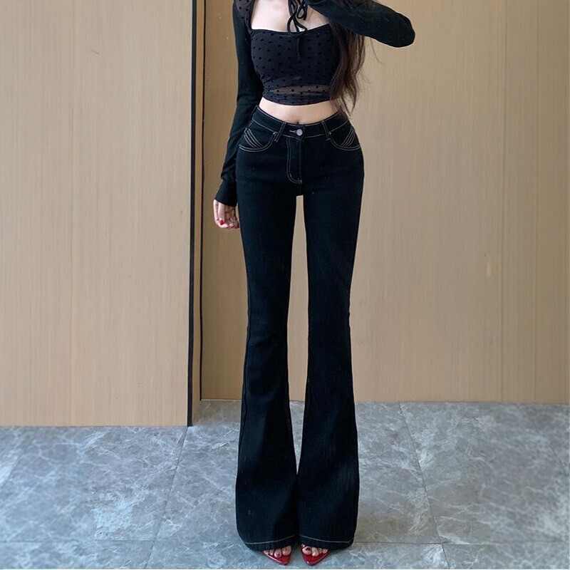 Black mid-high waist micro-flare jeans for petite women, new slim-fit skinny micro-flare pants Black mid-high waist micro-flare jeans for petite women, new slim-fit skinny micro-flare pants