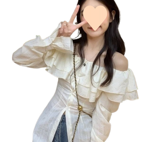 Woman's Summer French-style Collar Shirts with Lotus Leaf Edge, Korean Style Design, Unique and Niche One-Shoulder Waist-Tucking Long-Sleeve Top