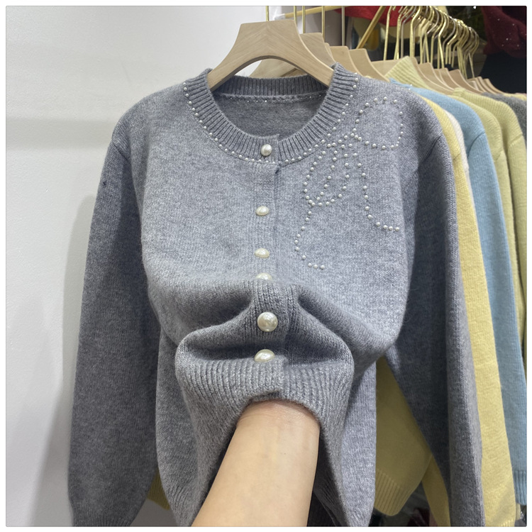 Women's Clothing Chic Embellished Bow Knit Cardigan For Women - Autumn Casual Long Sleeve Open Front Sweater (Blue, Yellow, Gray, Beige, Pink)_voghion.com