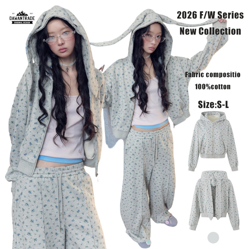 DAWAN26FW Korean-style cream floral long bunny ear cute hooded jacket women's casual sports sweatshirt set