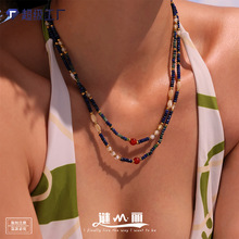 谜丽天然青金石红玛瑙手工串珠项链新中式锁骨链气质简约颈链批发