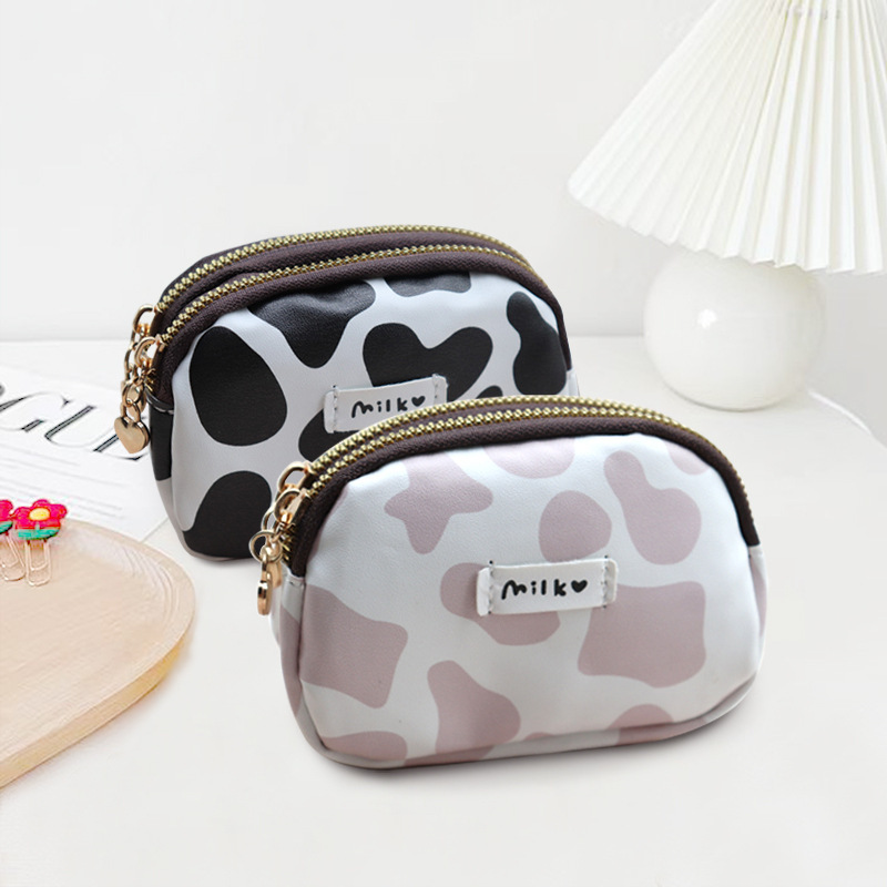 New Small Fresh Double Zipper Coin Purse Cute Cow Small Wallet Creative Cartoon Mini Card Holder Key Bag Pu