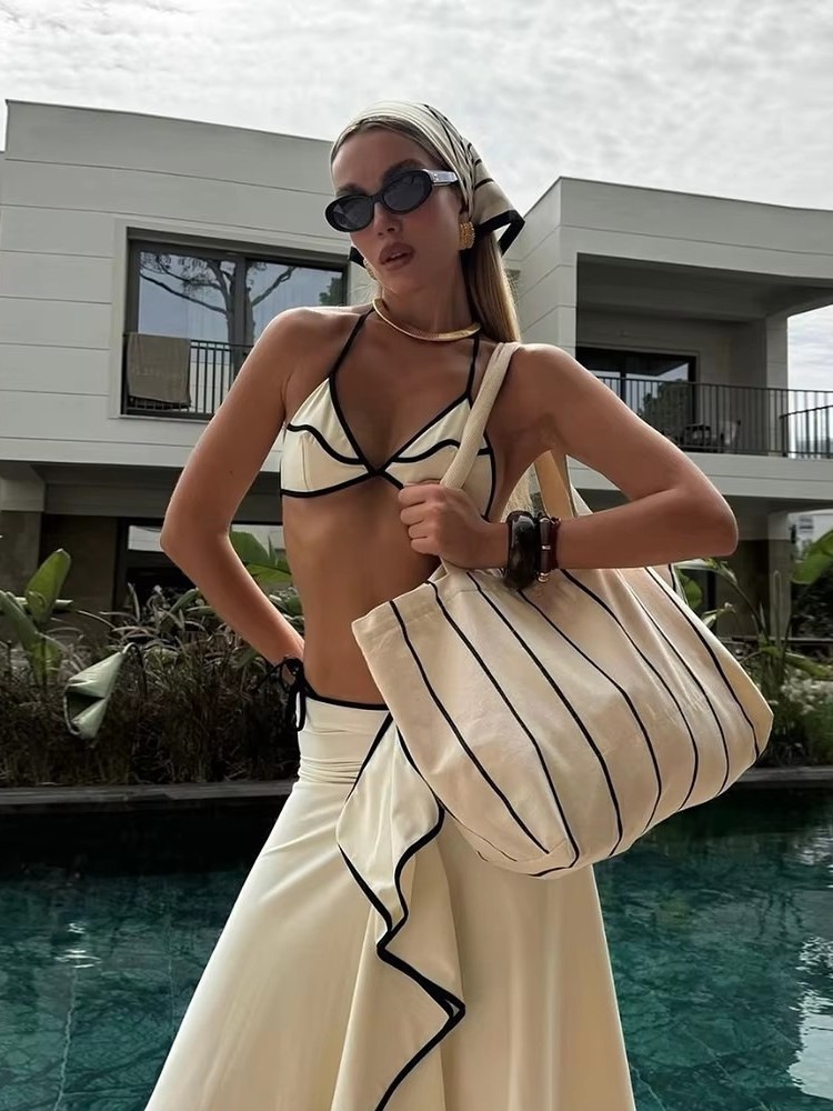 2025 trajes de baño Aliexpress mujeres europeas y estadounidenses de color sólido de tres piezas bikini conjunto de trajes de baño de espalda abierta