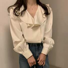 跨境 韩国chic2026早春新款减龄荷叶边V领百搭气质长袖衬衫上衣女