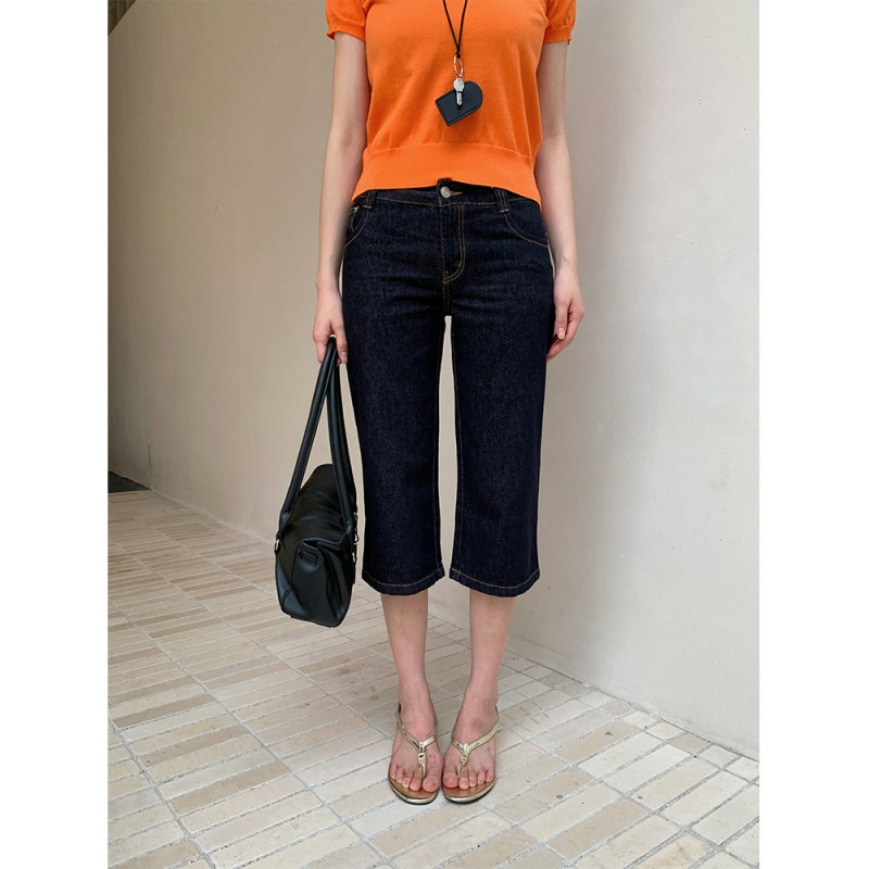 Yuyi American Retro Low-Waist Denim Mid-Length Pants for Women, Summer Slim-Fit Straight-Leg Cropped Jeans Hc1509