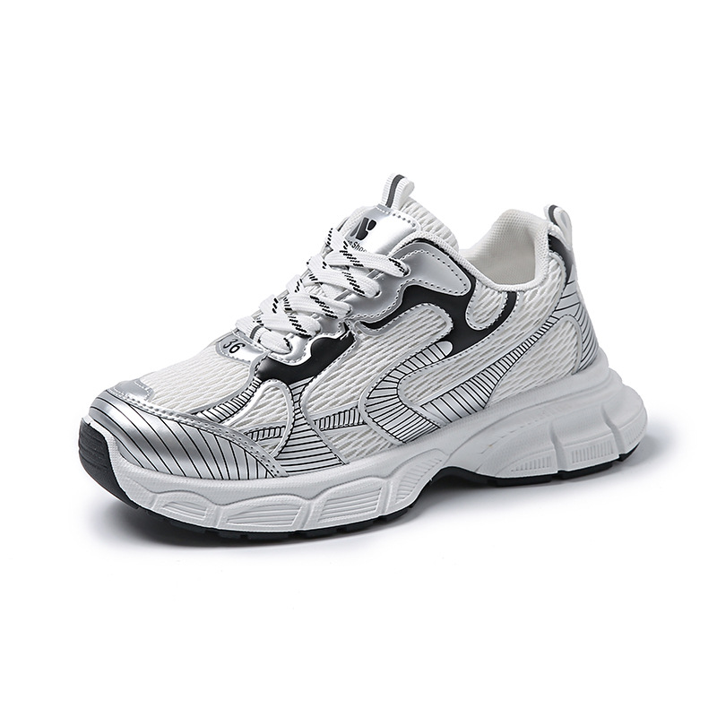 Zapatos respirables de malla de alta calidad para padres 2024 primavera y otoño zapatos deportivos ligeros con suela gruesa zapatos casuales plateados
