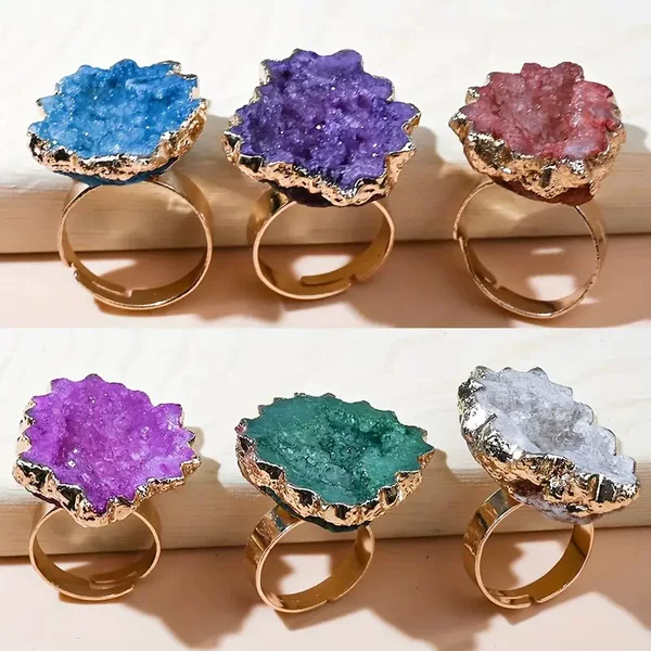 Natural Crystal Cave Sun Flower Sliced Ring Agate Edge Electroplating Colorful Irregular Ring Cross-border Wholesale