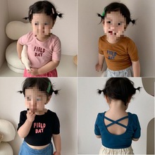 女童韩版短袖T恤24新春夏女童可爱打底衫露背棉宝宝短款上衣潮