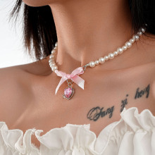 跨境热卖外贸饰品 厂家直销欧美时尚百搭珍珠爱心蝴蝶结项链项饰