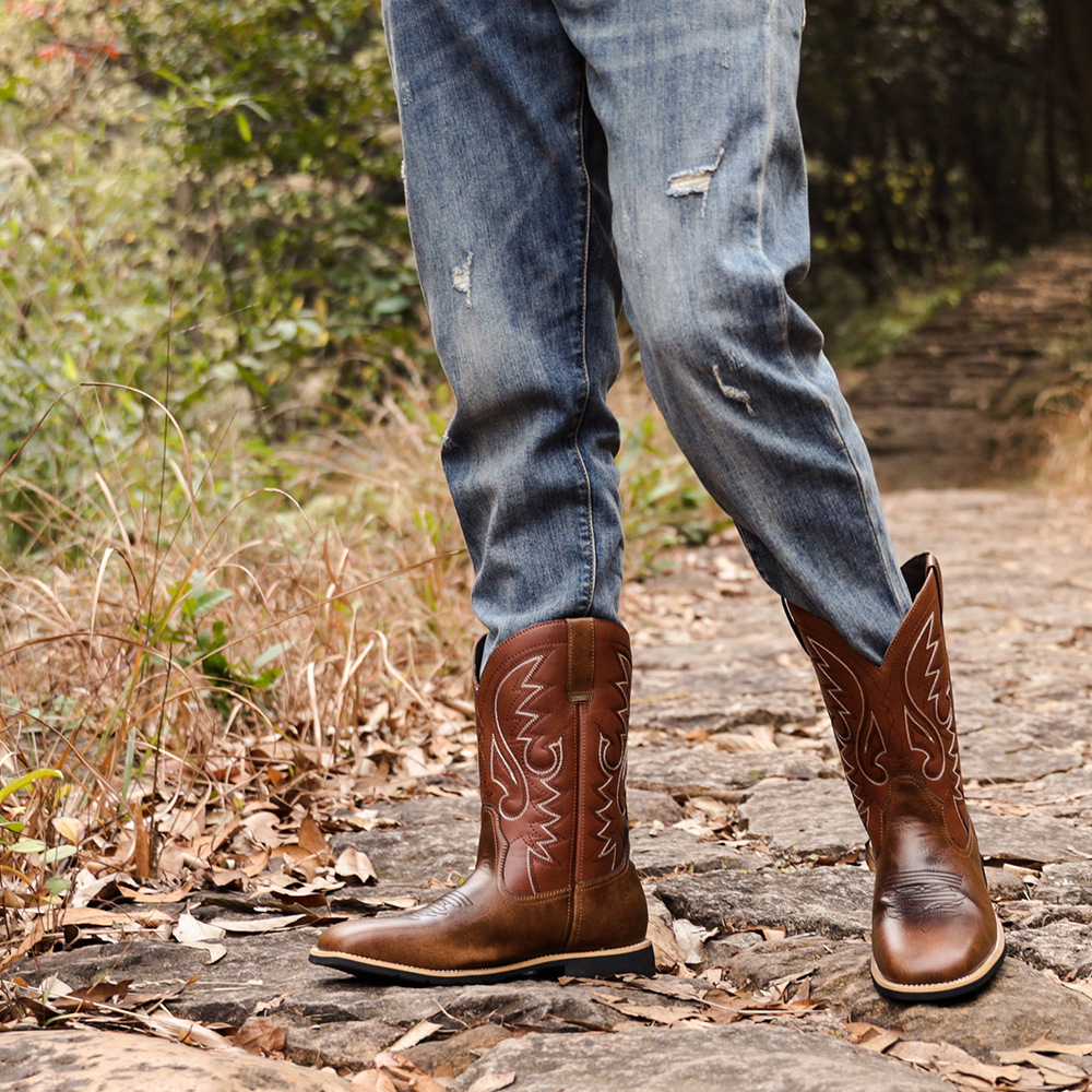 Cizme de cowboy western înalte, brodate, vintage, cu cap lat, pentru bărbați_voghion.com