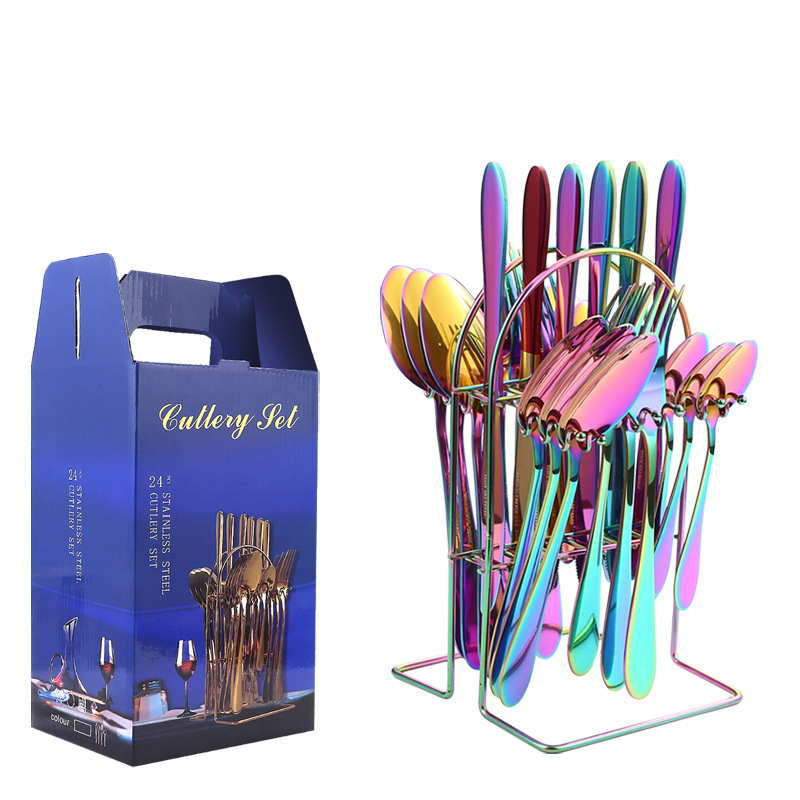 Amazon Tik Tok vajilla de acero inoxidable 24 unidades traje 1012 cuatro piezas principales occidental cuchillo, tenedor y cuchara rack caja regalo