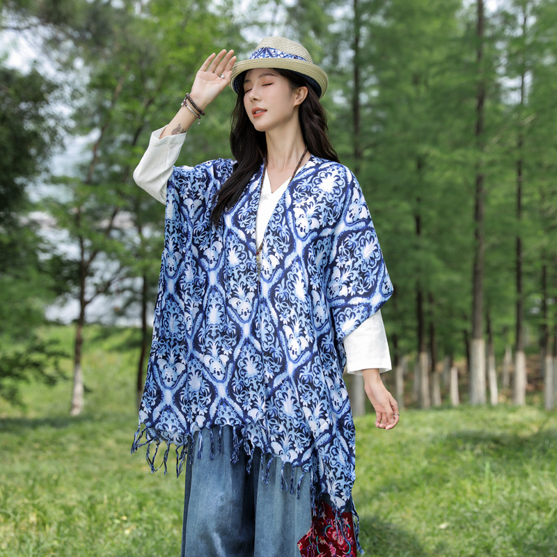 Nuevo estilo teñido con lazo retro artístico de algodón y lino siente la bufanda estilo étnico chal verano moda delgada cardigan decorativo para las mujeres