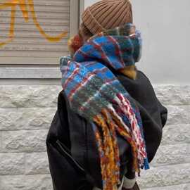 秋冬季彩虹格子仿羊绒围巾韩版女学生情侣马海毛保暖围脖长款披肩