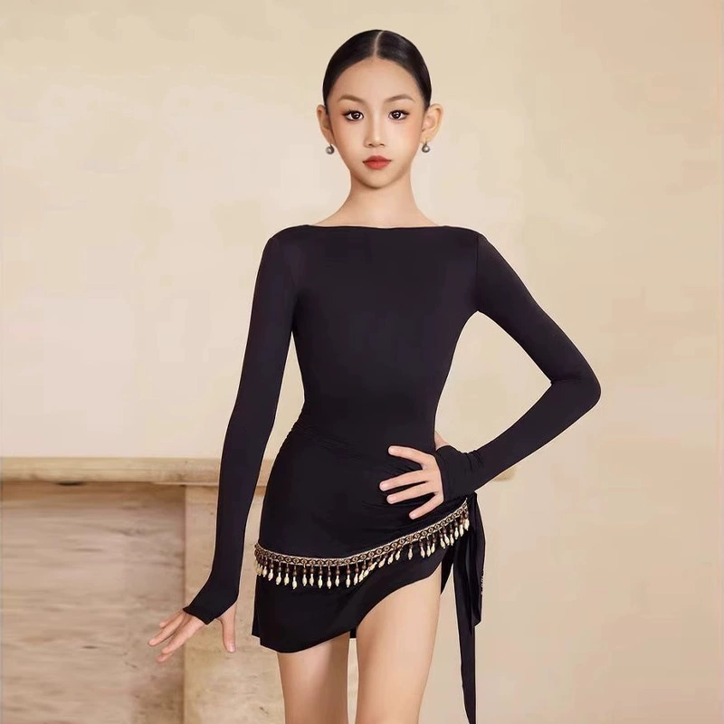 Детский профессиональный танцевальный костюм для латиноамериканских танцев с длинными рукавами и длинной юбкой-рыбкой, элегантный стиль, высококачественный материал, оптовая продажа.