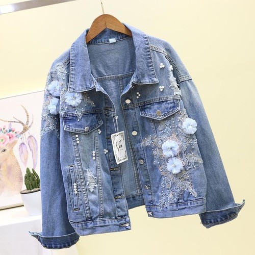 【】Women's Denim Short Jacket Loose-Fitting Spring and Autumn New Korean-Style Heavy Embroidery Three-Dimensional Floral Ripped