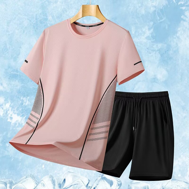 Trajes deportivos para hombres hielo veloz ropa seca camiseta de fitness correr mangas cortas pantalones cortos trajes de entrenamiento fábrica transfronteriza al por mayor