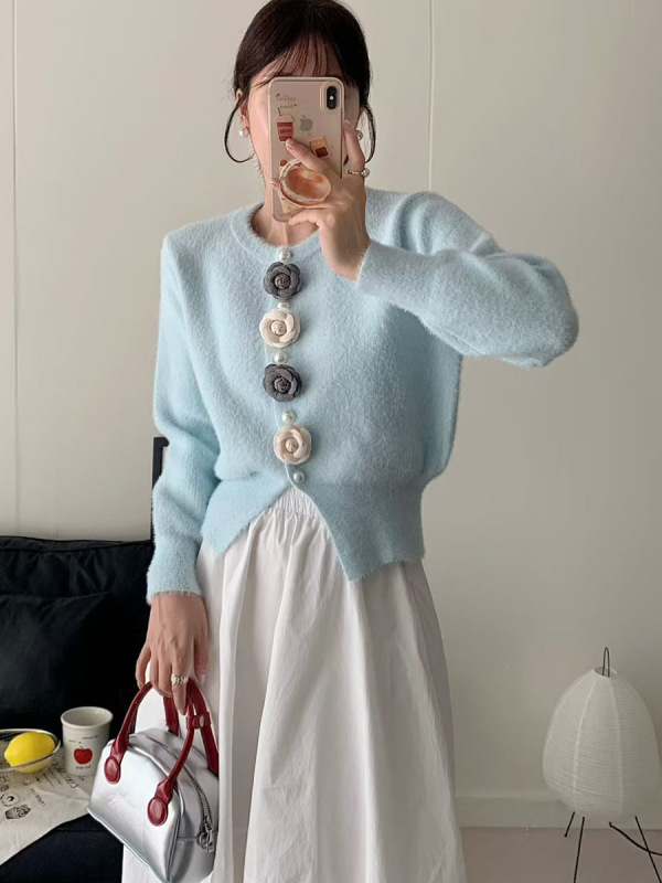 设计感立体花朵针织开衫女2025秋冬新款仿水貂绒软糯甜美毛衣外套|undefined