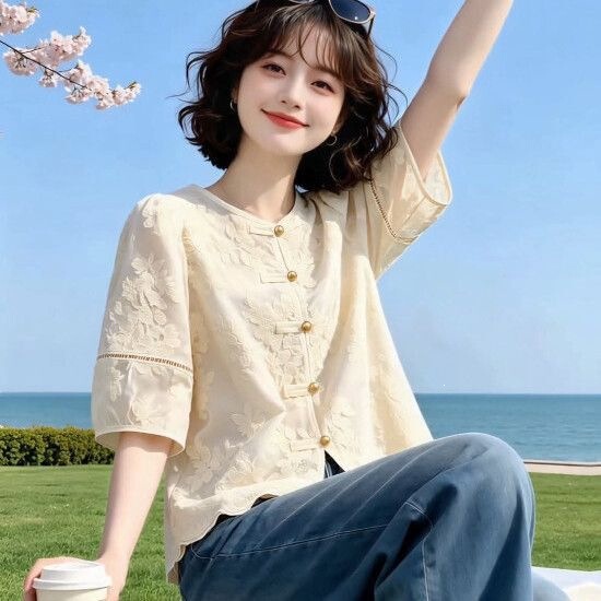 (Lined) New Chinese-Style Shirt with National Style Embroidery, Women's Spring New Slim-Fit Versatile Lace Top (Lined) New Chinese-Style Shirt with National Style Embroidery, Women's Spring New Slim-Fit Versatile Lace Top