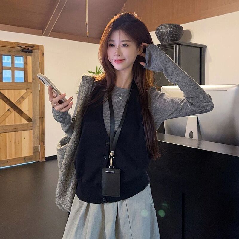 时尚韩系长袖针织衫叠穿挂脖背心女秋季显瘦百搭工装休闲裤三件套|undefined