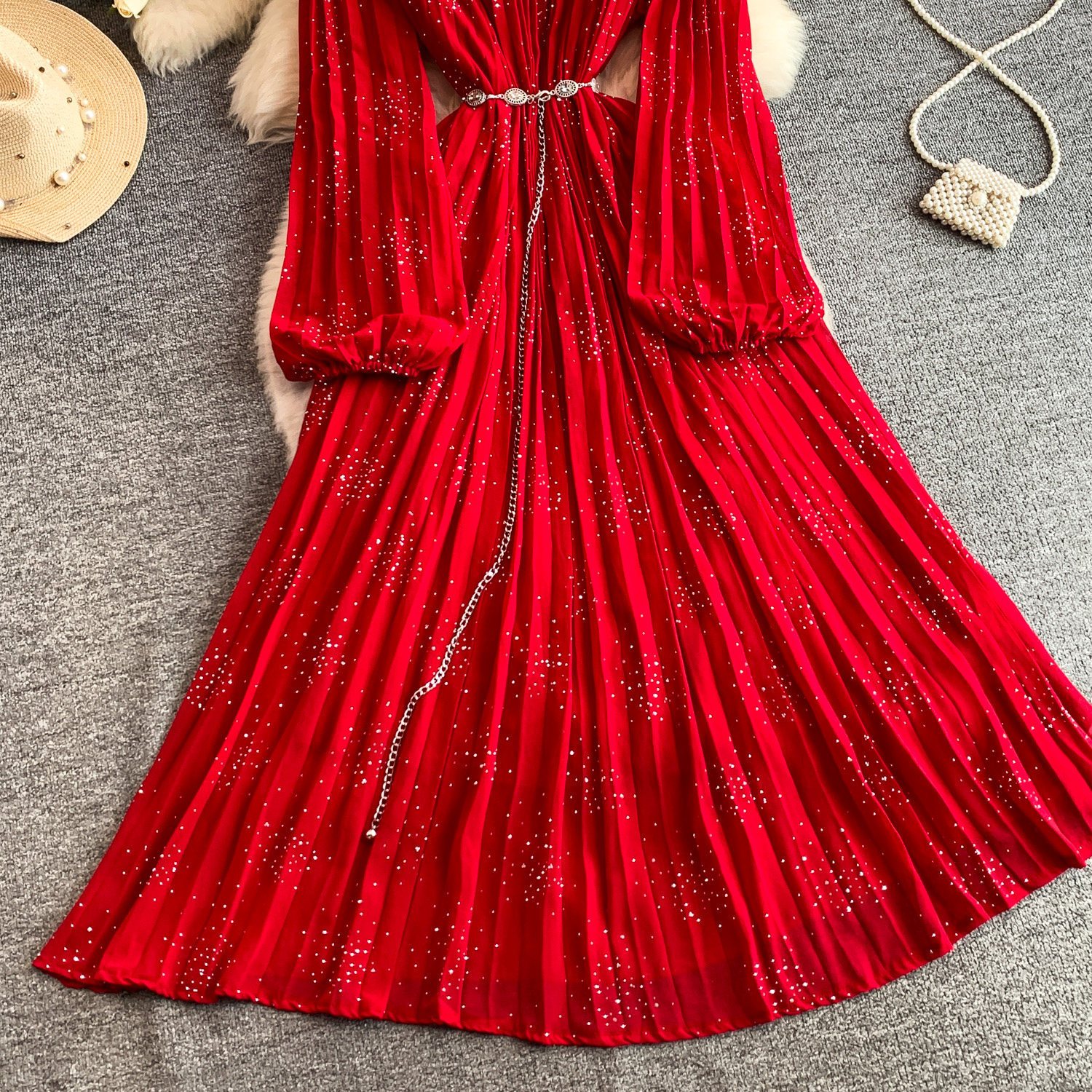 Women's French Style Light Luxury Sparkly Rhinestone round Neck Long Sleeve Dress Summer Slimming Pleated Long Skirt_ecoleips.com