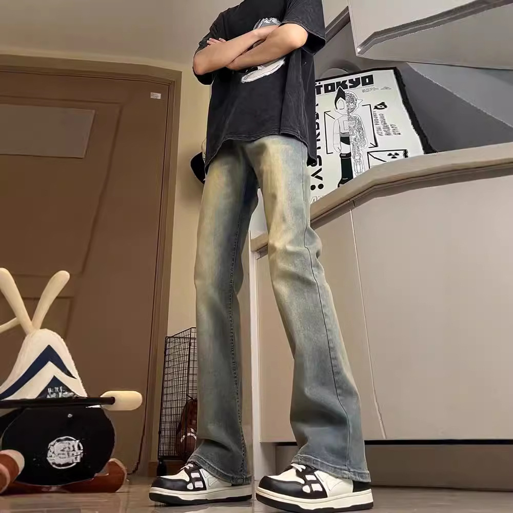 Vintage jeans de cintura alta azul para hombres otoño nuevo estilo americano de alta calle vibe pantalones altos rectos micropantalones