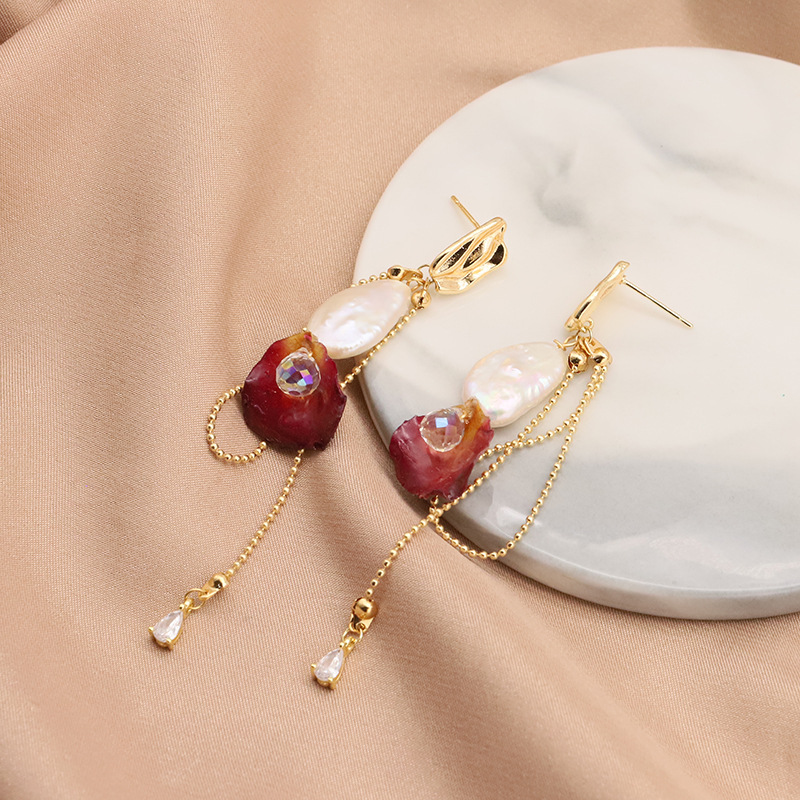 Aretes de perlas naturales aguas frescas barrocas pendientes s925 agujas de plata retro bordas largas joyas de orejas chapadas en oro 18k