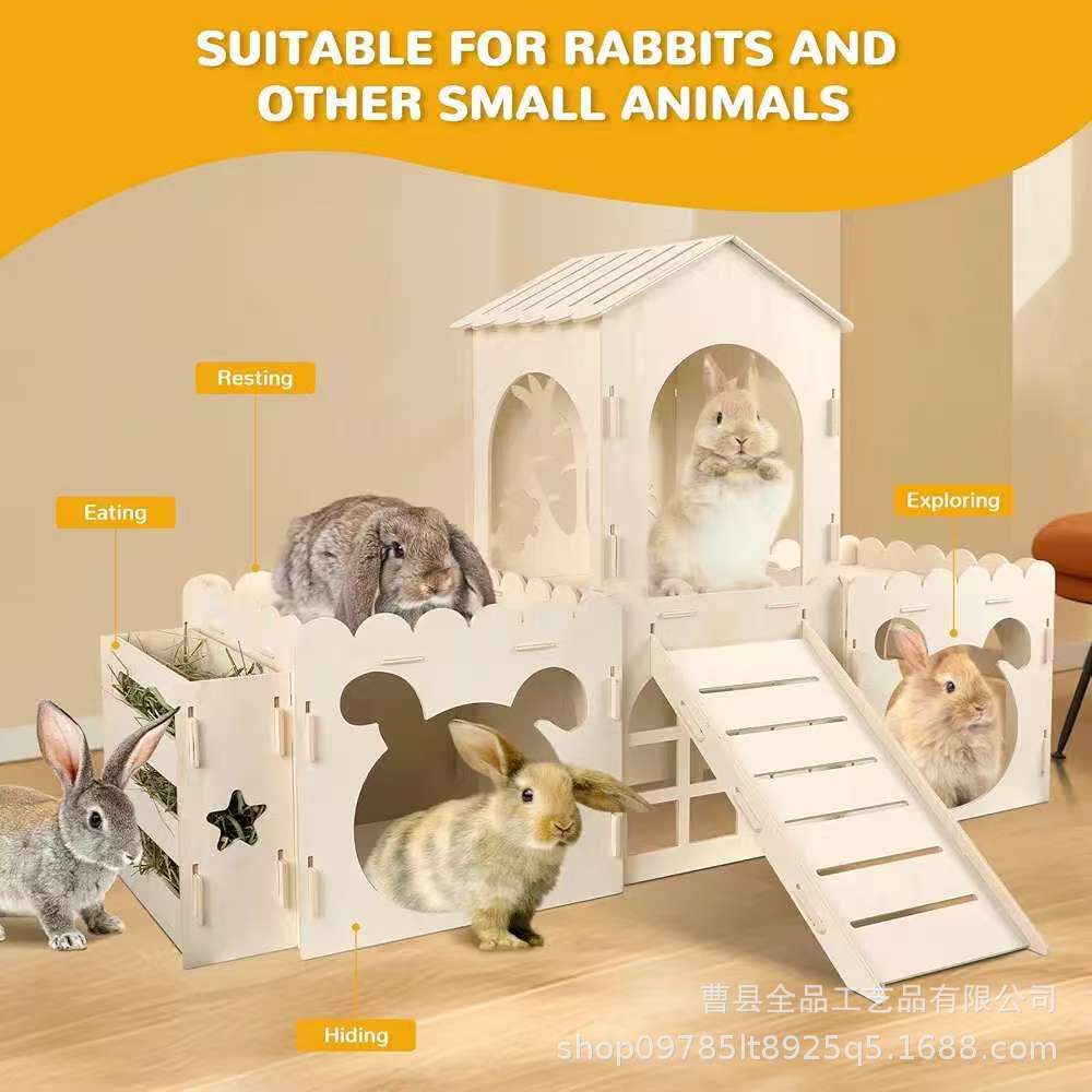 Escondite de conejo grande de madera Castillo de conejo Casa de conejo de madera con comedero de heno desmontable con rampa